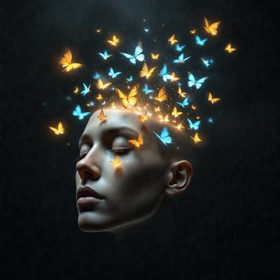 The primary subject of the image is a woman's face, which is the main focus of the image. The setting is a dark background, which creates a dramatic and moody atmosphere. The visual style is a digital art or illustration, as the woman's face is depicted with a surreal and artistic touch. The colors in the image are predominantly dark, with the woman's face being the only bright spot, creating a striking contrast.